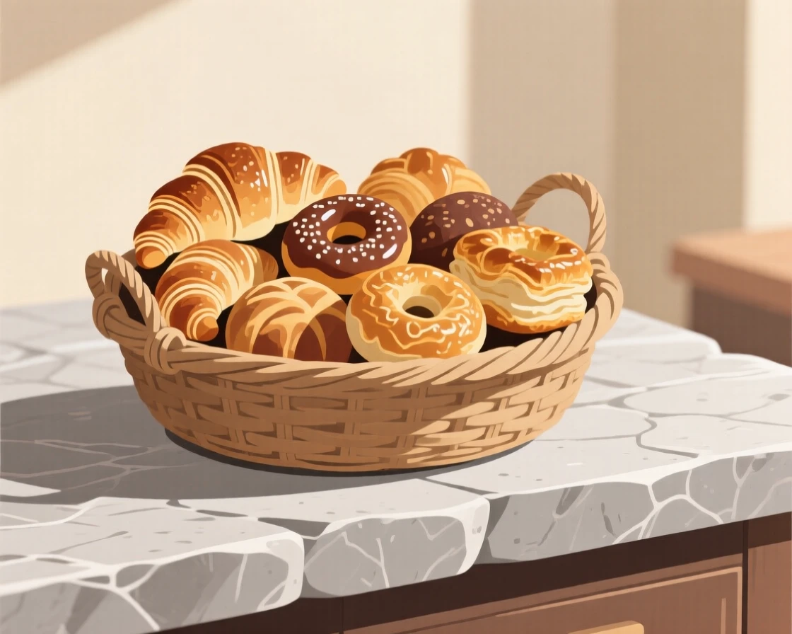 A basket of fresh pastries beautifully displayed on a stone counter at a family gathering.