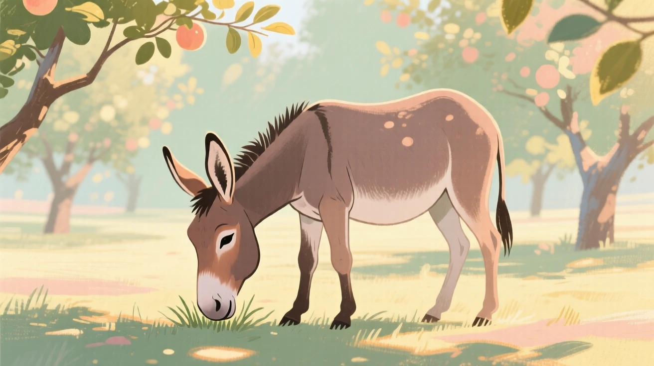 A gentle donkey grazing in a sun-dappled orchard