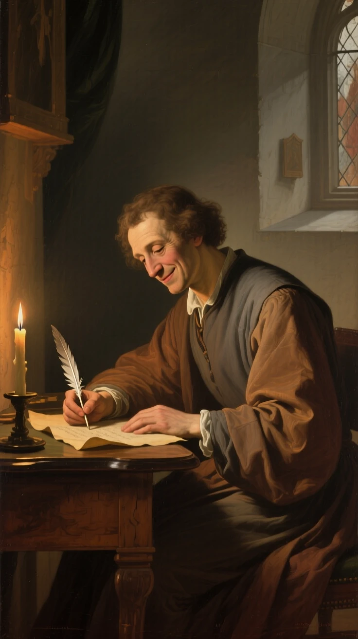 A poet lost in thought with quill hovering over parchment lost entirely in private thought, set in a candlelit chapel side room, with a faint, knowing smile just touching the corner of the mouth; soft background blur isolates the sitter as the clear focal point, evoking tenderness, memory, and unspoken emotion.