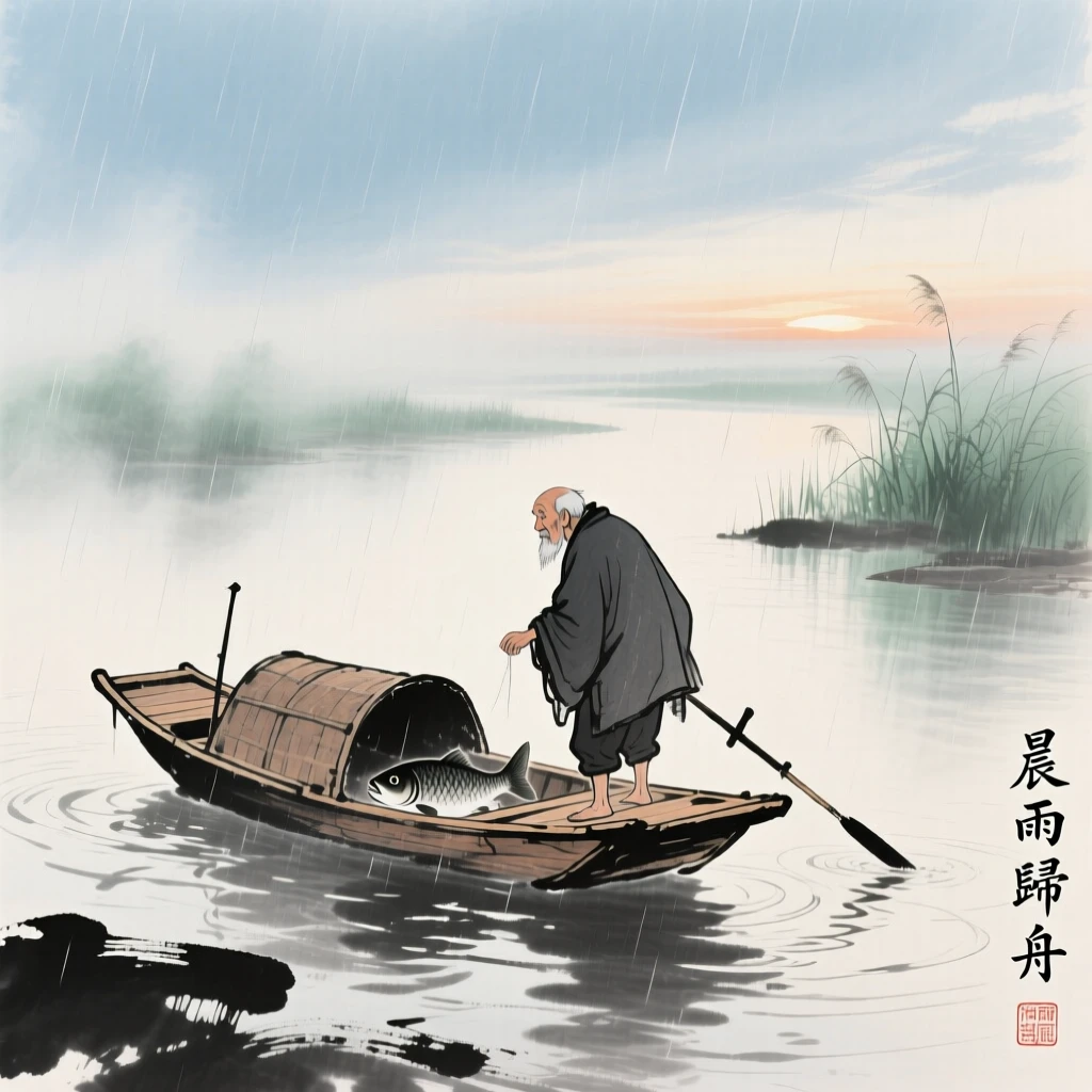 An elderly fisherman guiding his small boat home at dusk, through a curtain of fine rain, at dawn.