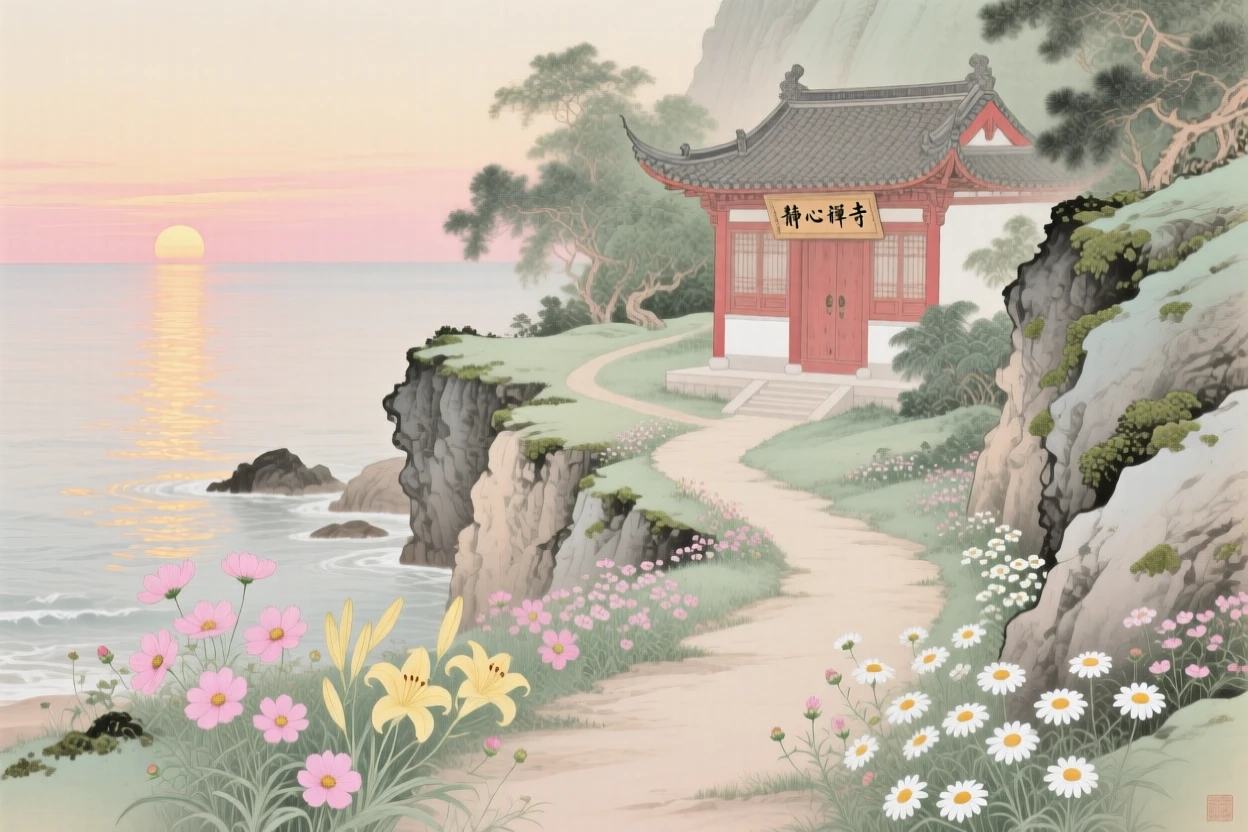 A coastal path lined with wildflowers at sunrise, a narrow path winding up toward a hidden temple