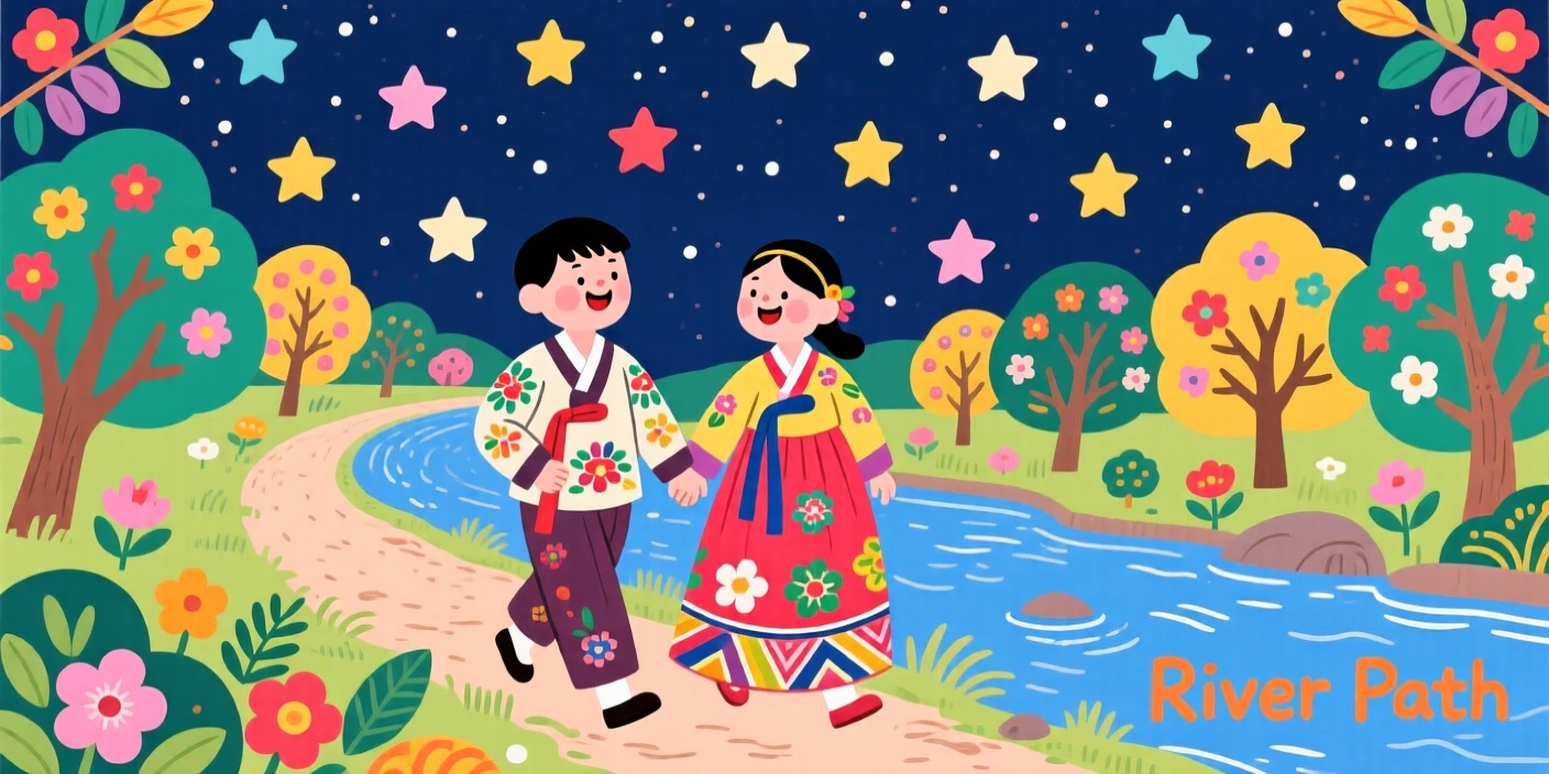 A young couple walking hand in hand along a river path under a starlit sky.