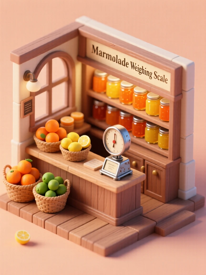 A quaint marmalade shop with citrus fruits piled high, glass jars gleaming in rows, and a vintage scale on the counter.