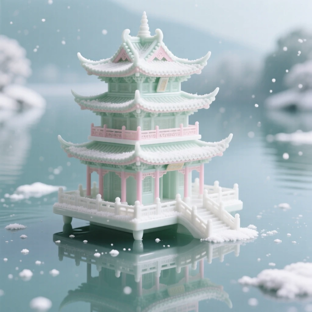 A grand view of a floating pagoda on a still lake, dusted lightly with snow.