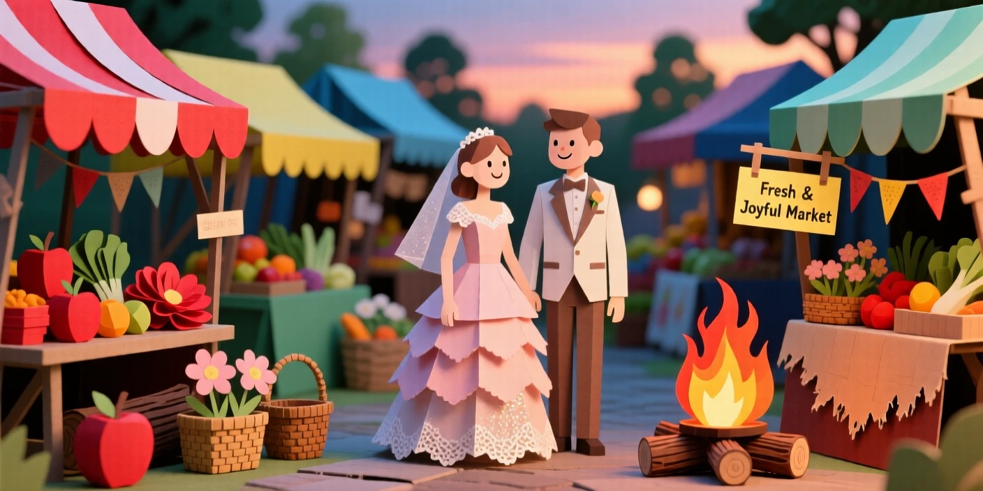 A pair of newlyweds exploring a colorful open-air market, with the glow of a nearby fire flickering, capturing pure joy and togetherness.