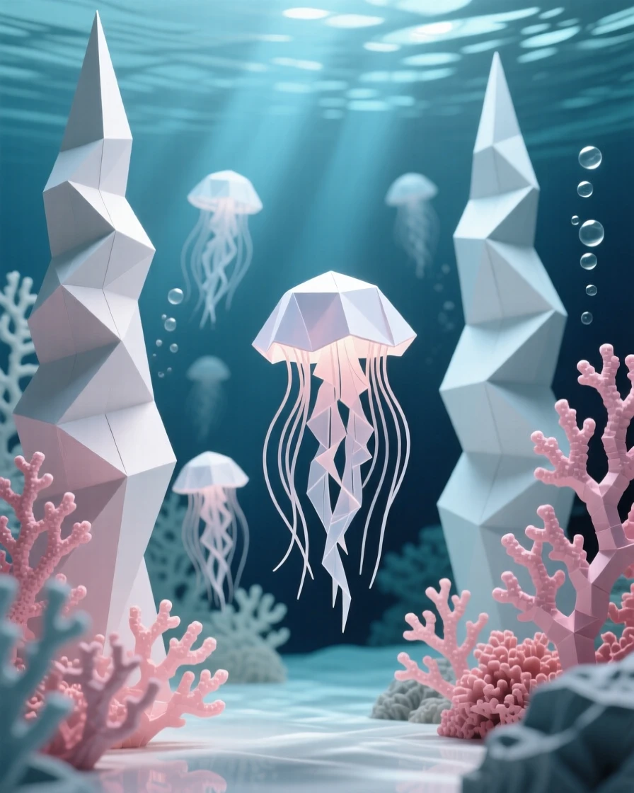 An underwater kingdom with coral spires and glowing jellyfish drifting between towers.