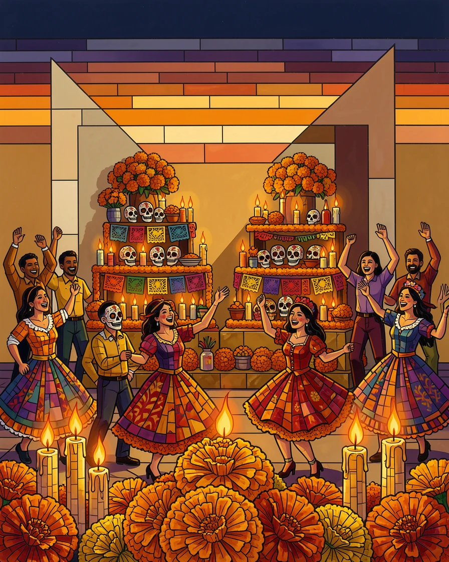 A day of the dead celebration with candlelit altars and marigold flowers, filled with warm light, motion, and joyful energy.