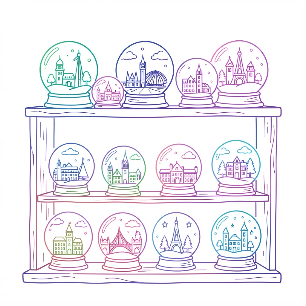 A shelf of miniature snow globes from different cities around the world.