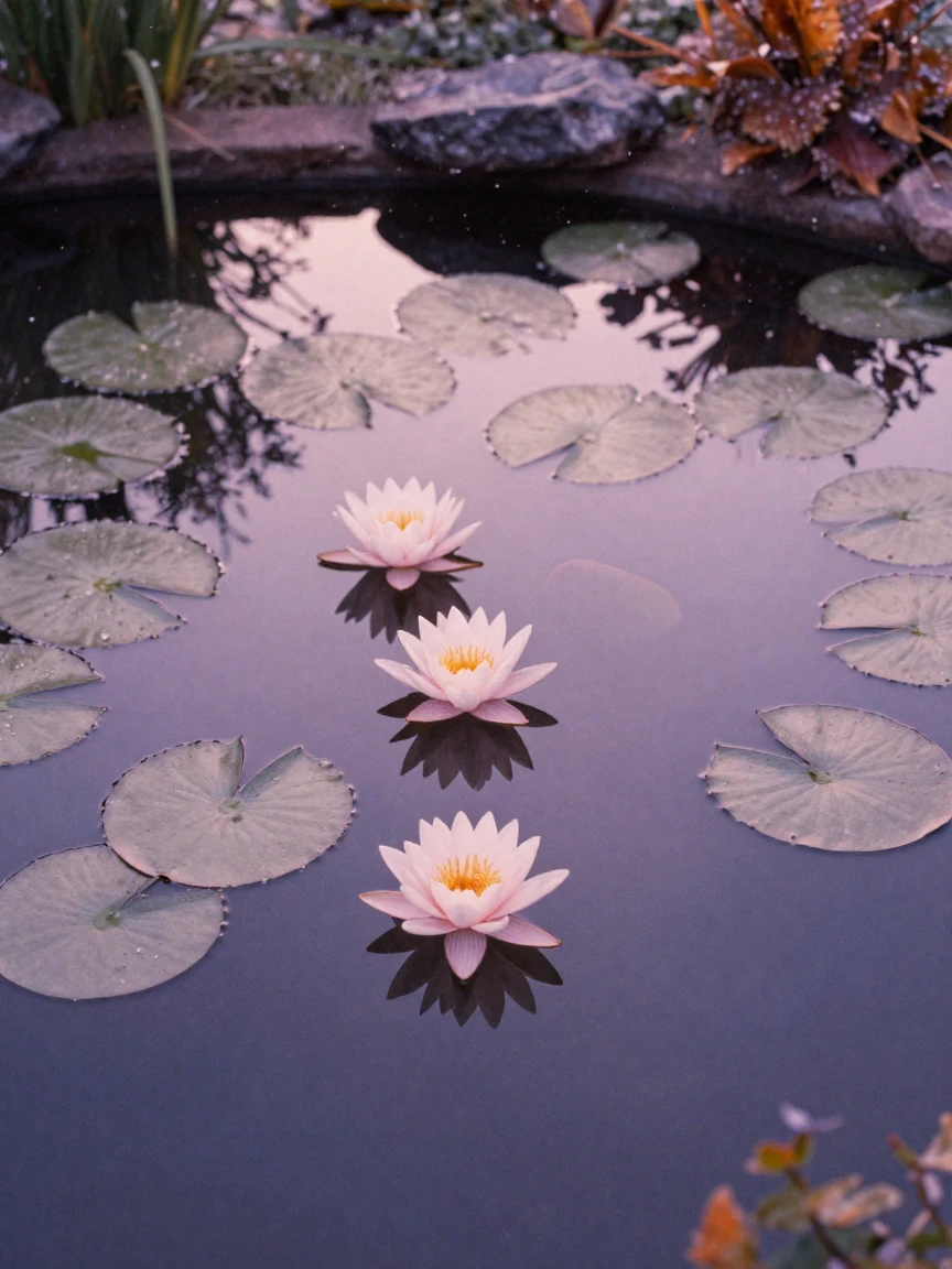 Water lilies floating on the still surface of a garden pond, in the pale light just before sunrise, amid gently falling snow, as summer fades into fall, in dusty lavender and rose tones, shot from directly overhead.