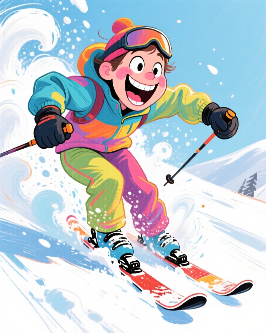 A skier carving down a fresh powder slope, snow spraying up behind the skis.