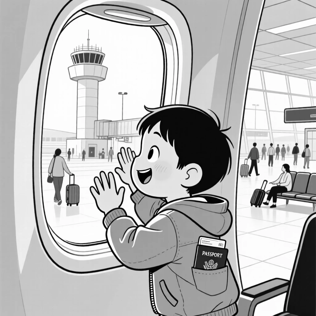 A child pressing his face against an airplane window, pretending to push the tower back into place, set in a crowded, echoing airport terminal. A worn passport peeks out of a jacket pocket. It's a joyful tribute to the thrill of travel and discovery.