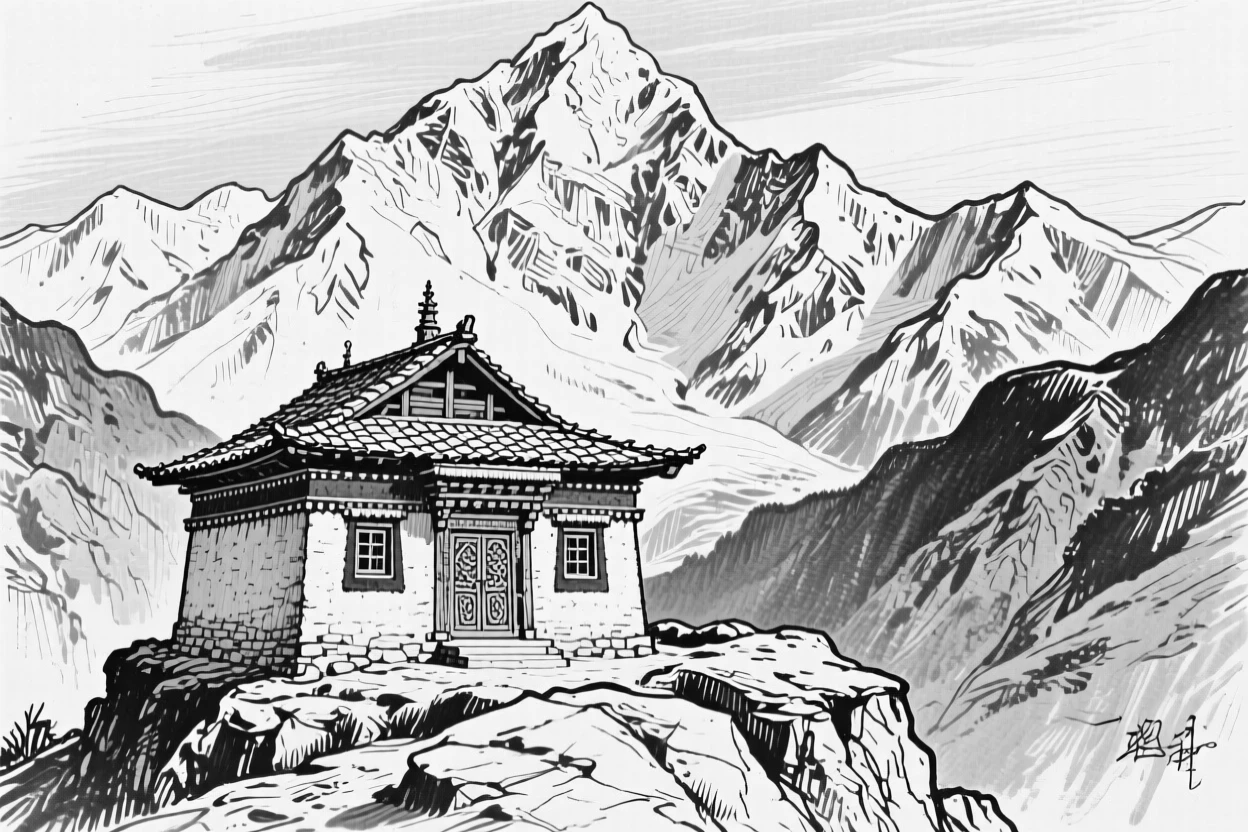 The snow-capped peaks of the Himalayas rising above a small mountain monastery.