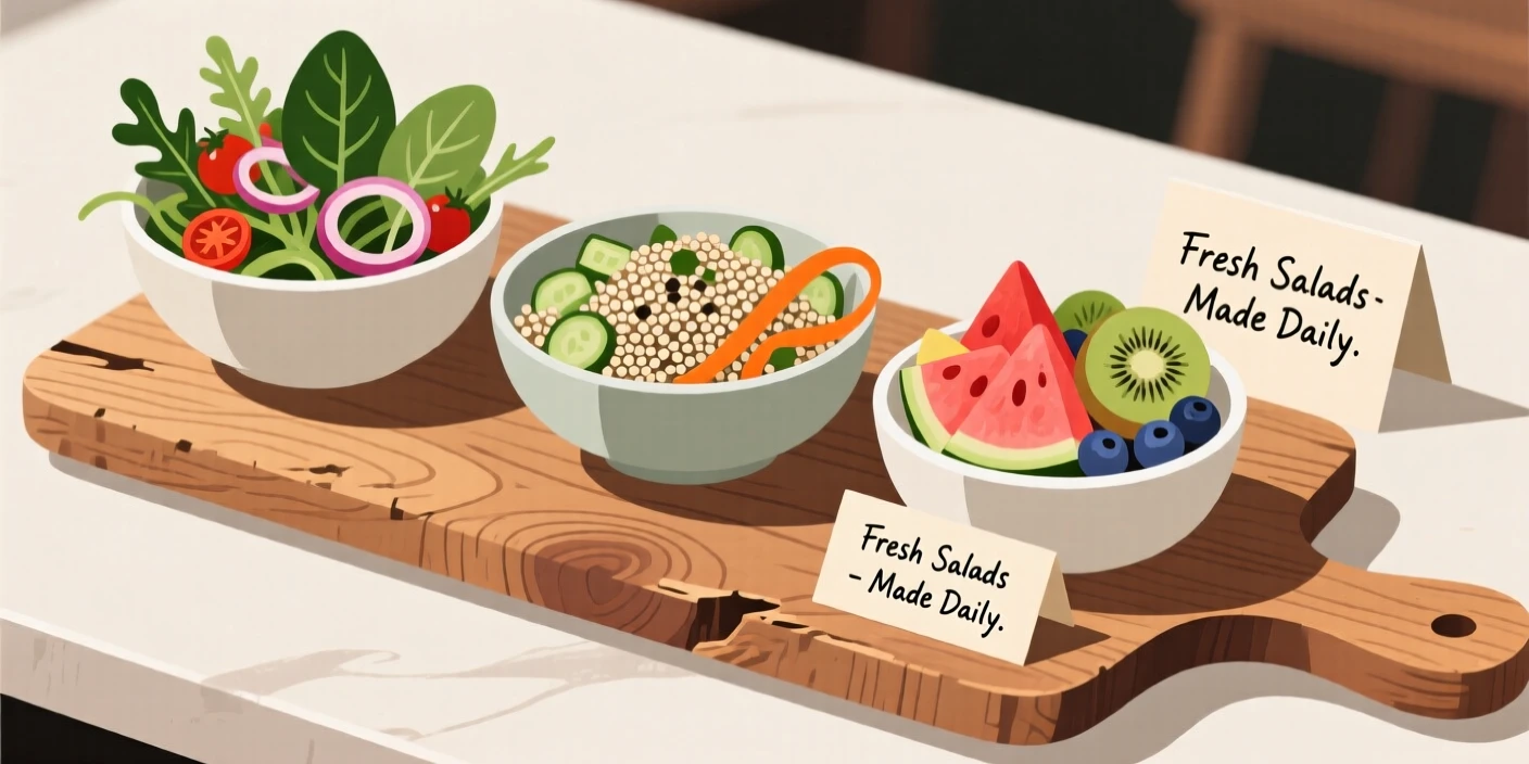 A selection of fresh salads beautifully displayed on a rustic wooden board at a cozy cafe.