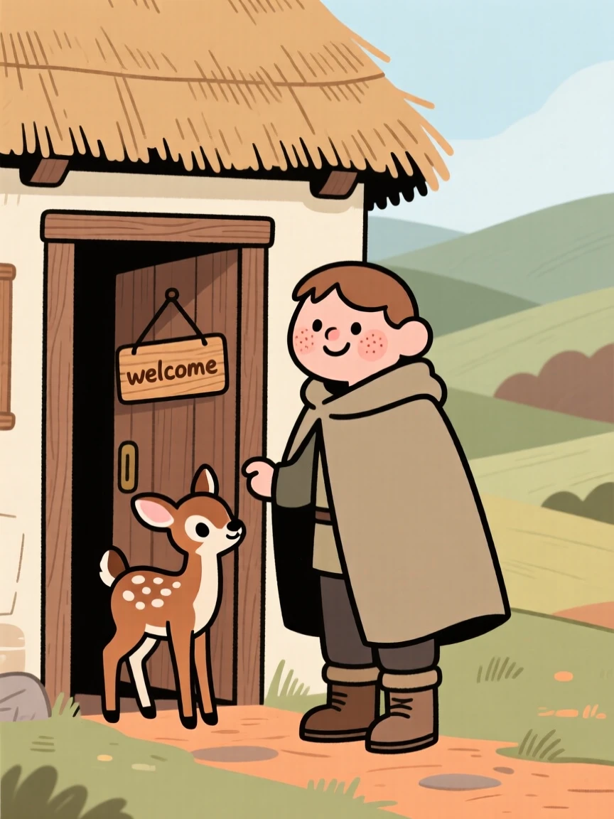 A wandering traveler stands at the door of a thatched cottage tucked into a quiet valley, welcoming a lost fawn inside from the cold.