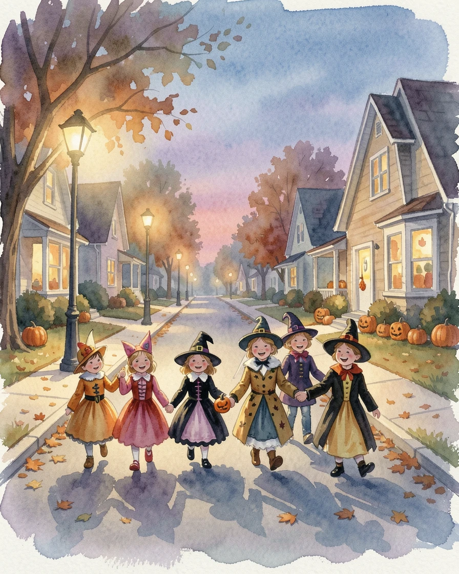 Children trick-or-treating on a quiet suburban street.