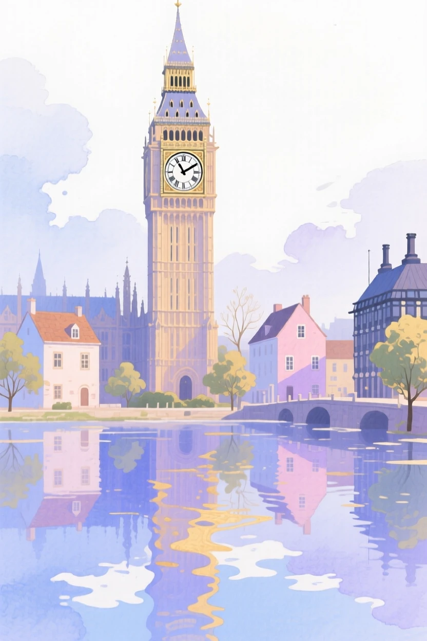 A dreamlike scene of a giant clock tower town, reflecting shimmering colors in still water, inviting quiet wonder and imagination