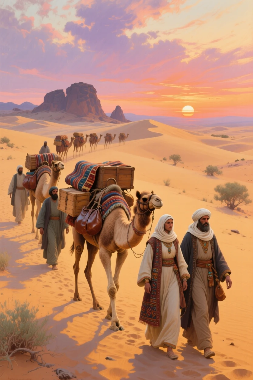 A Bedouin caravan crossing golden dunes as the sun sets over the desert, with authentic textures and materials true to the historical period, honoring the customs, craftsmanship, and spirit of the time