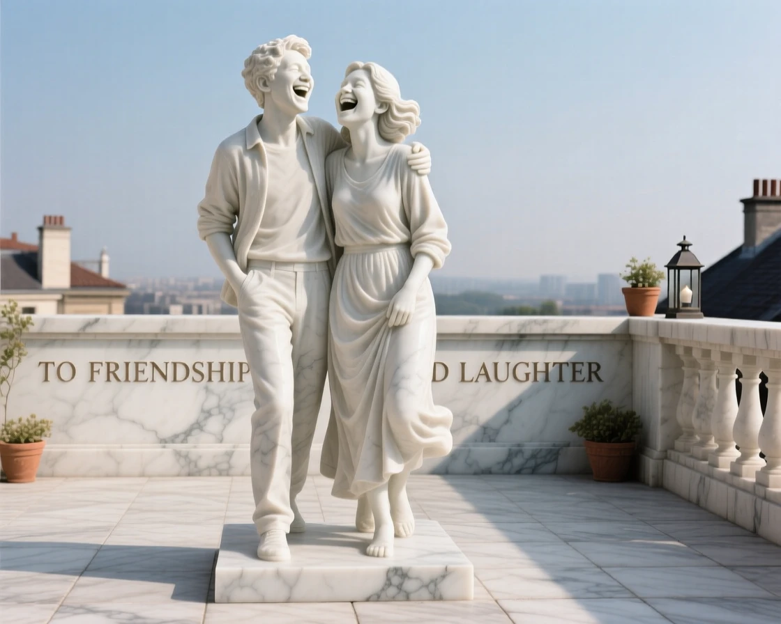 A heartwarming depiction of best friends laughing together on a rooftop, full of laughter and genuine connection