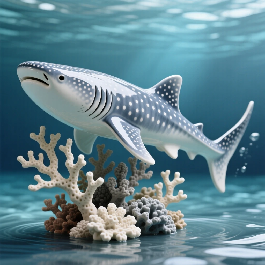 A whale shark gliding gently through open water curled gracefully around swaying coral, its fins trailing like delicate ribbons, capturing a fleeting moment of underwater grace.