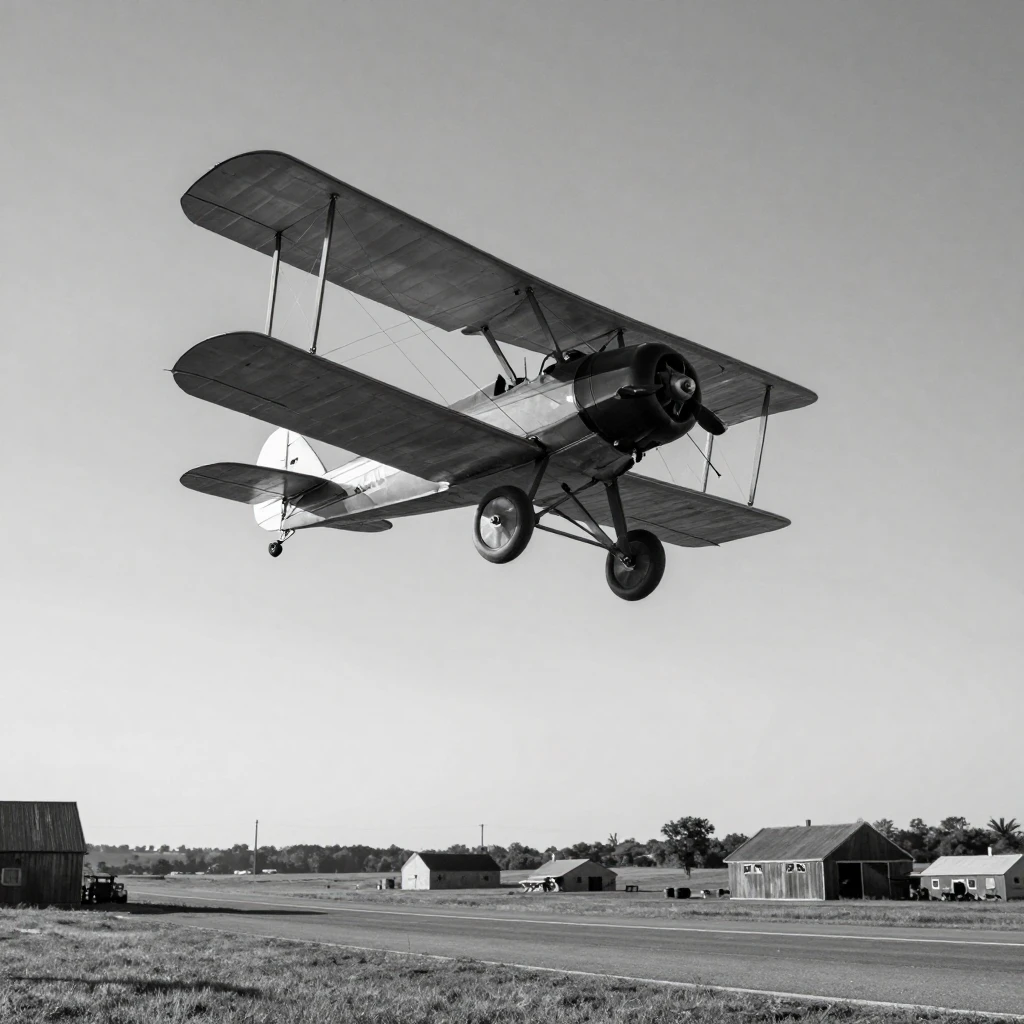 A biplane loops through a clear blue sky above a rural airstrip.