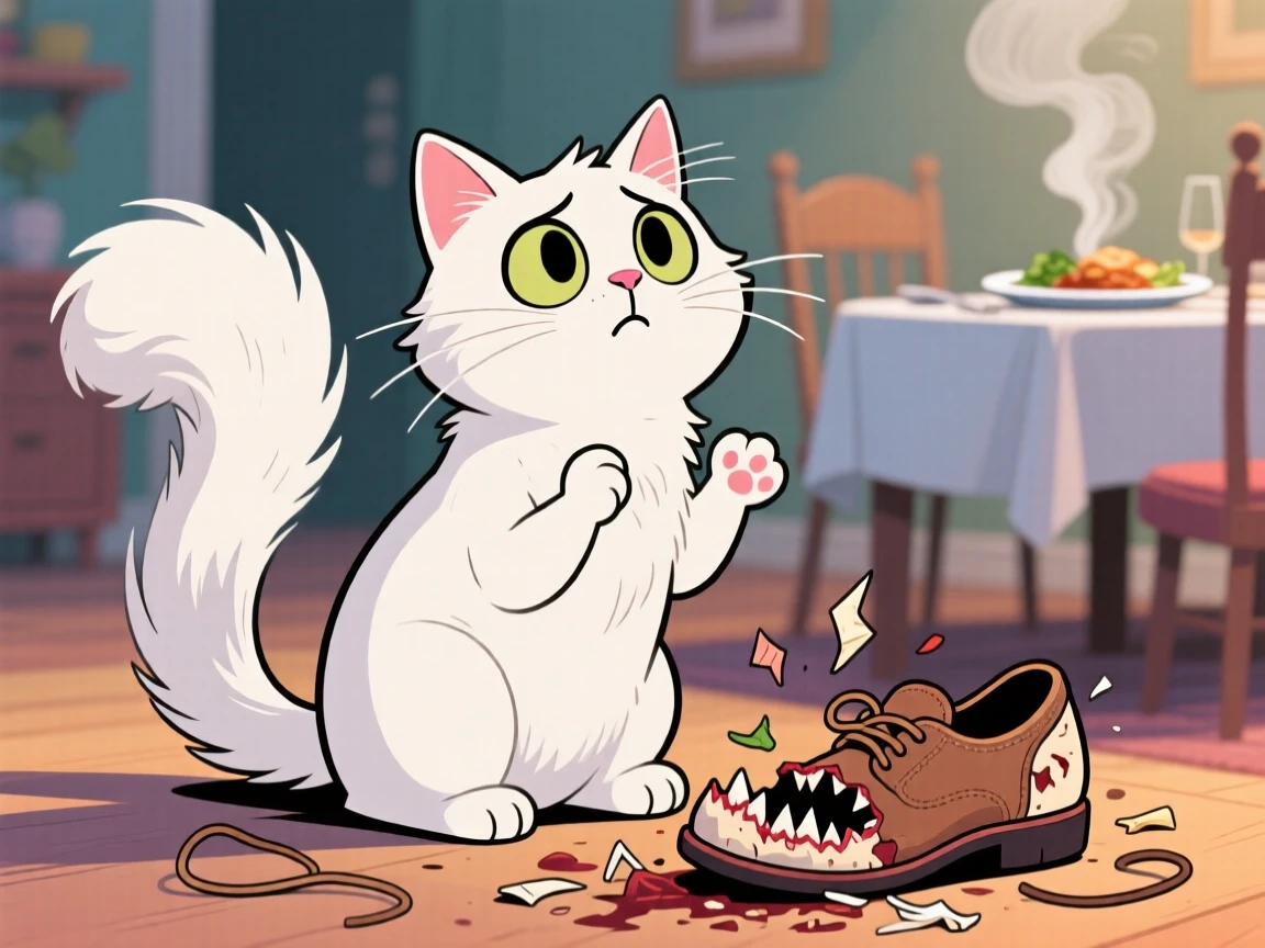 A playful pet moment featuring a regal white cat begging shamelessly for a bite of dinner, with a guilty look and a chewed-up shoe nearby.