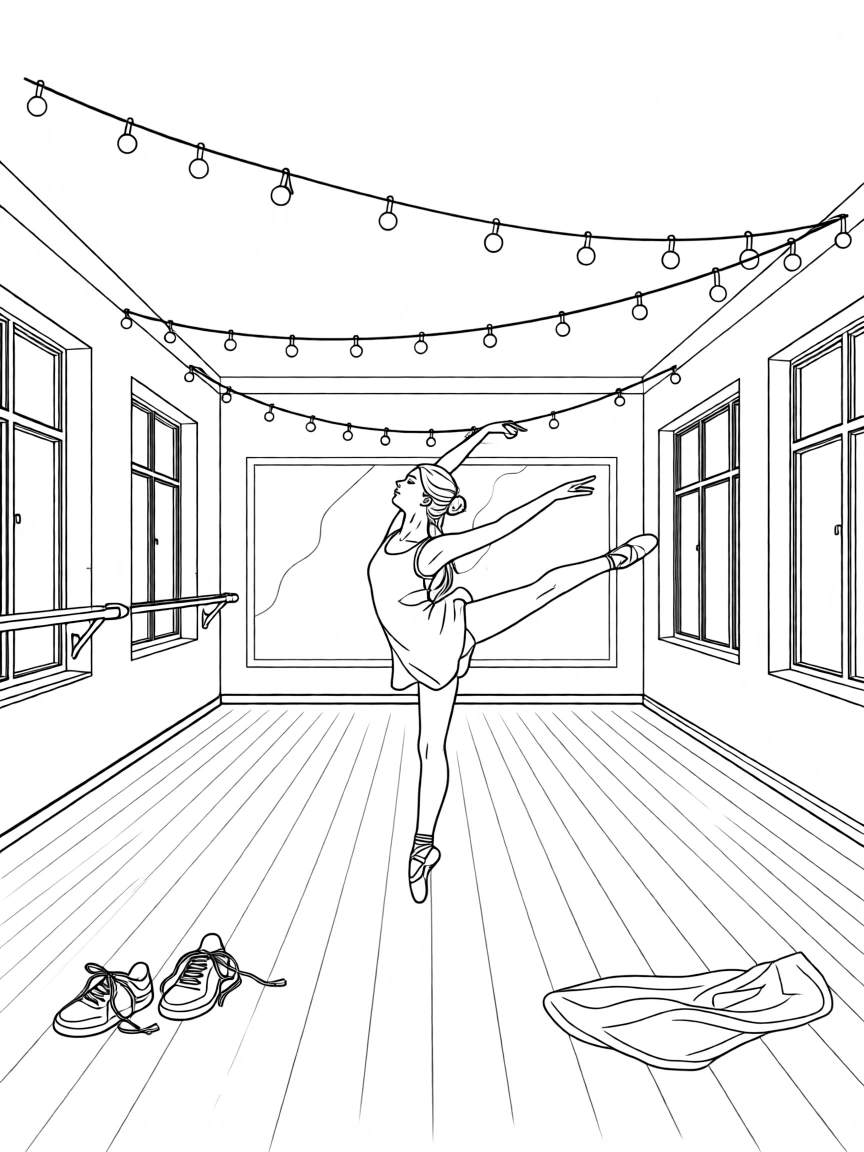 A contemporary dancer arched dramatically in an empty studio, with string lights strung across the ceiling.