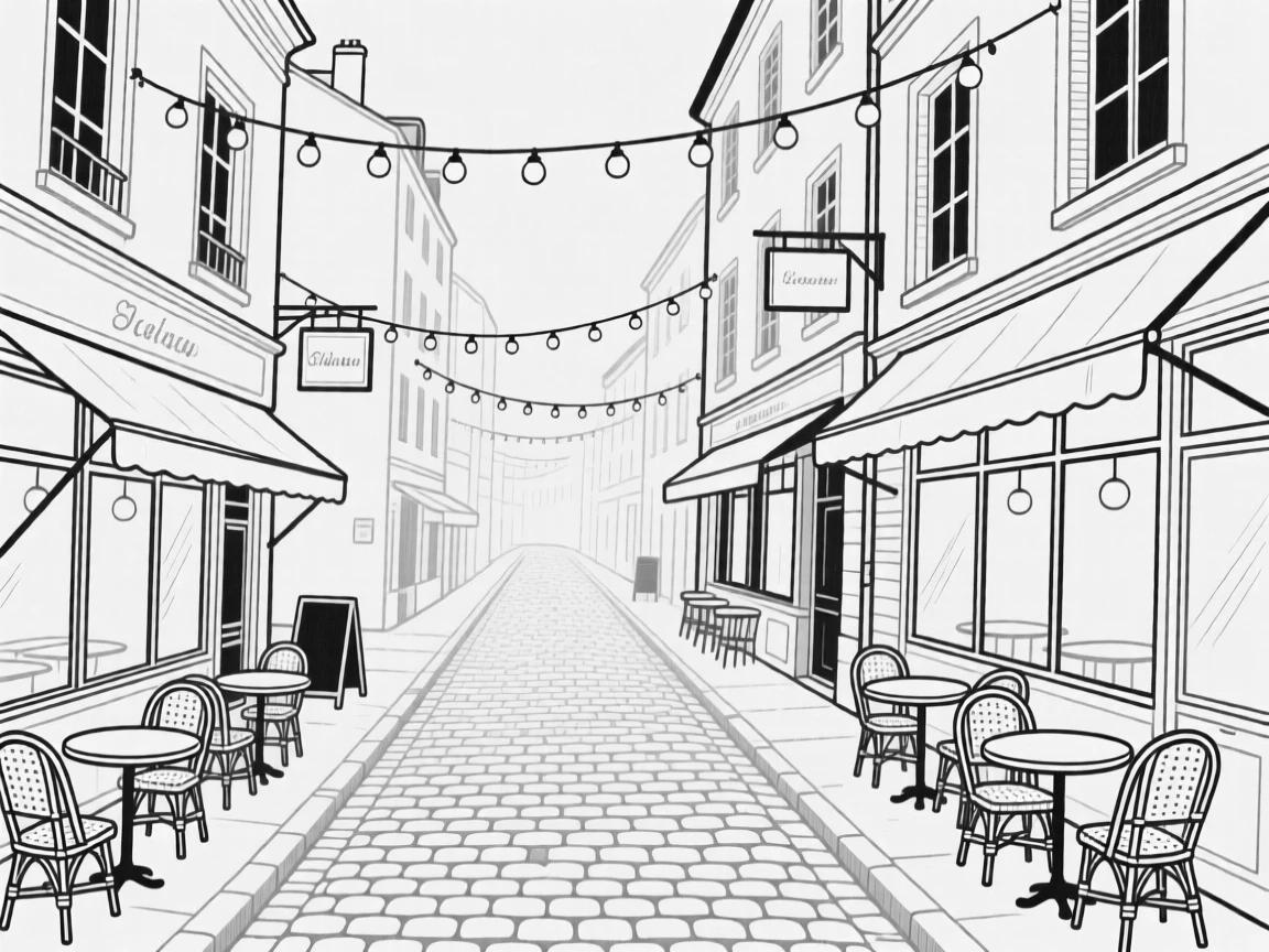 A cobblestone street lined with cafes and hanging string lights