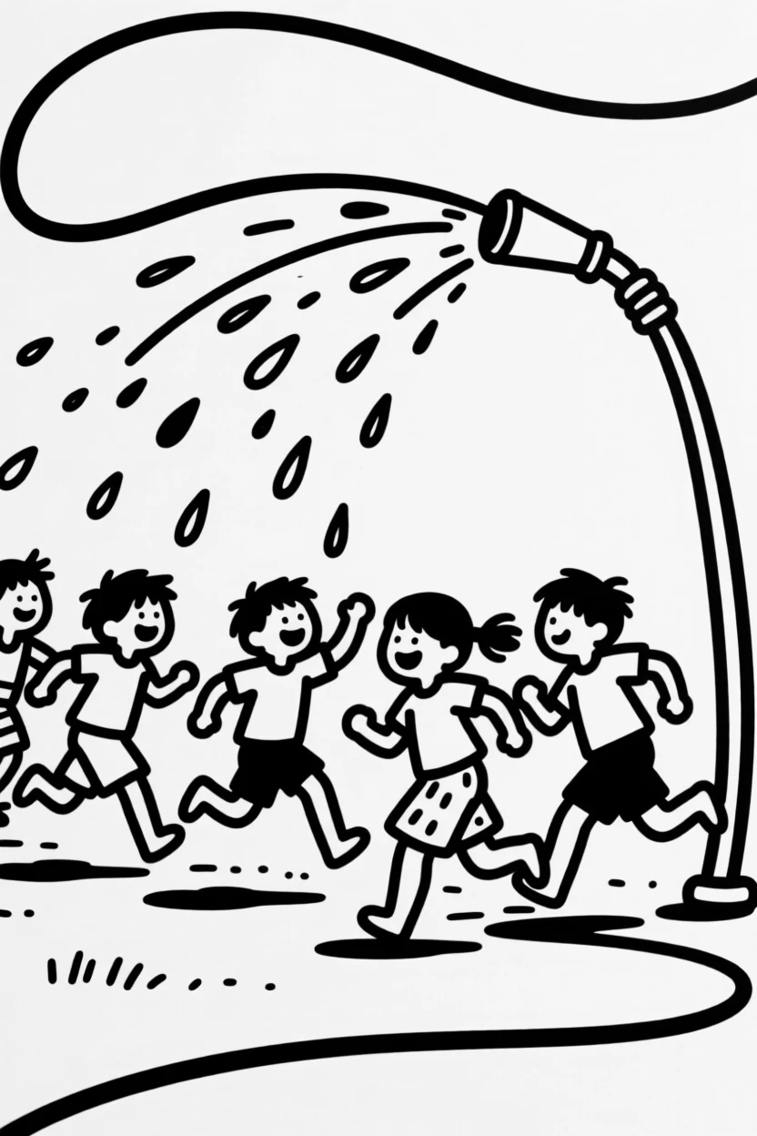 A group of children running through a sprinkler on a hot summer day.