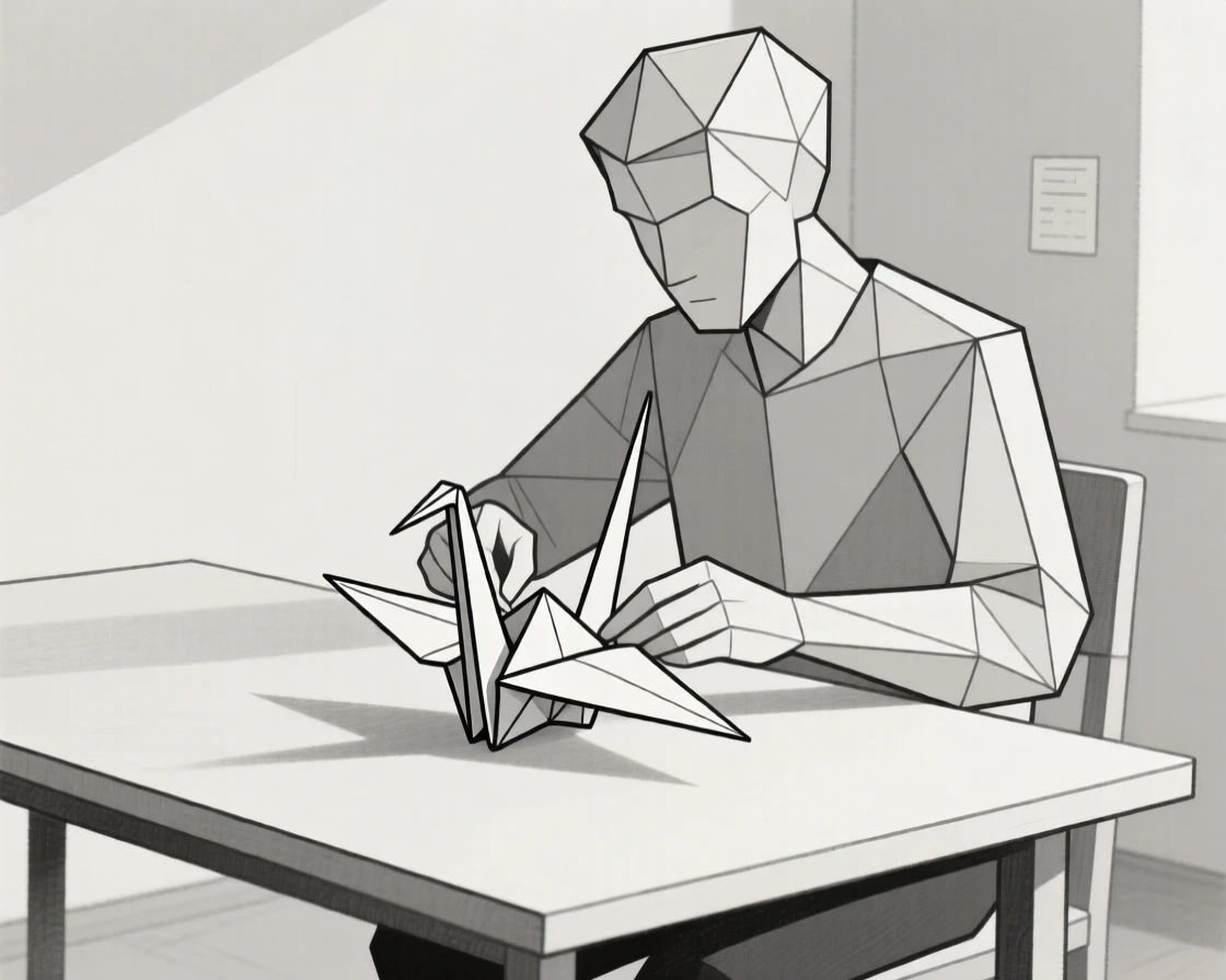 A origami artist folding an intricate paper crane