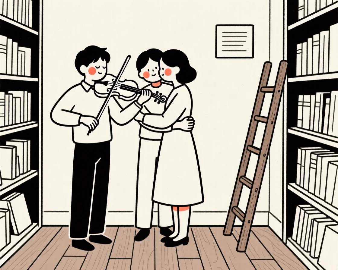 A violinist mid-performance, sharing a tender embrace, inside a vintage bookstore.