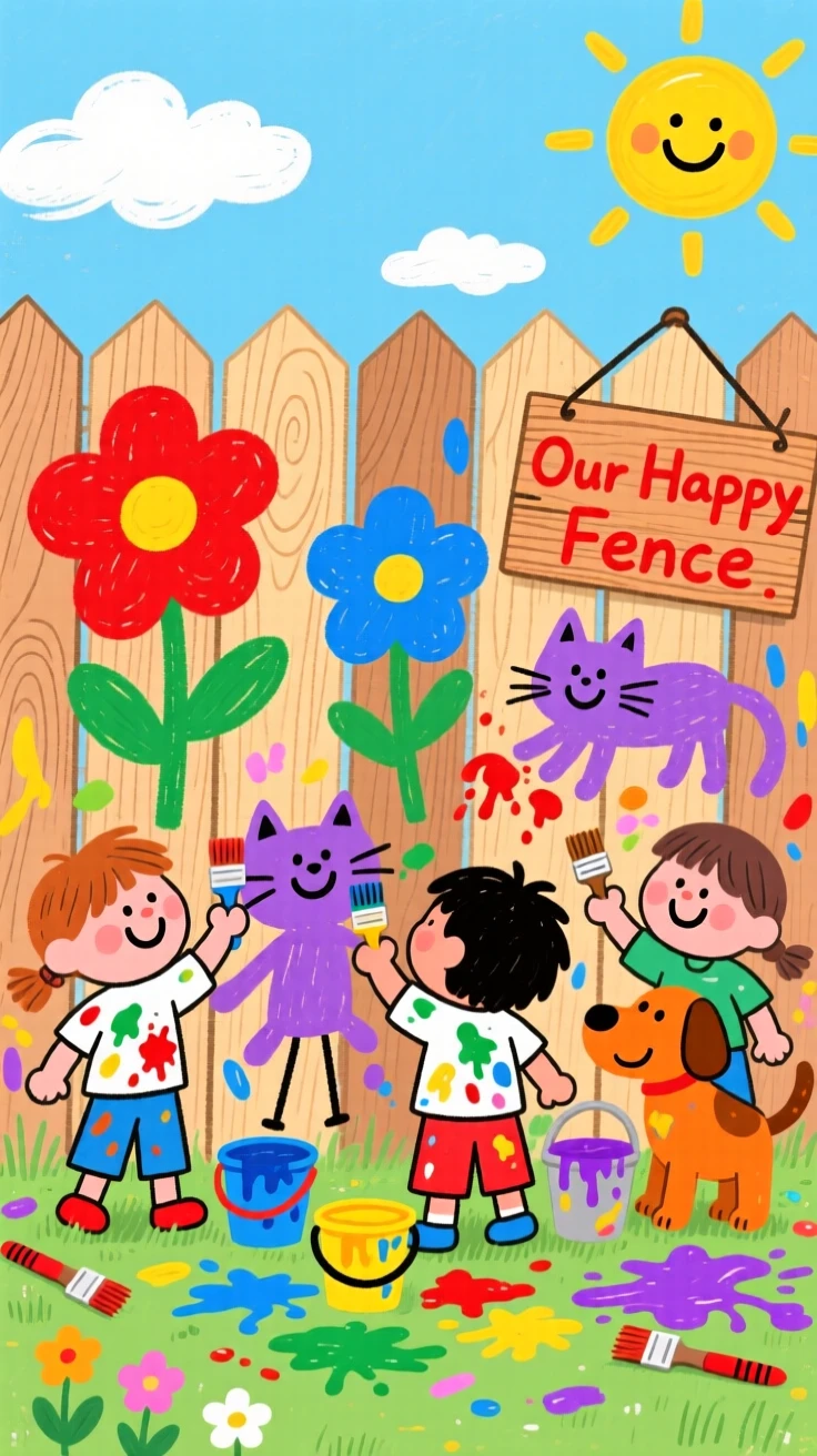 Children painting a colorful mural on a wooden fence.