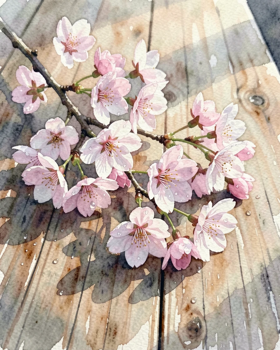 A spray of cherry blossom branches on a rustic wooden table with morning dew on the petals.