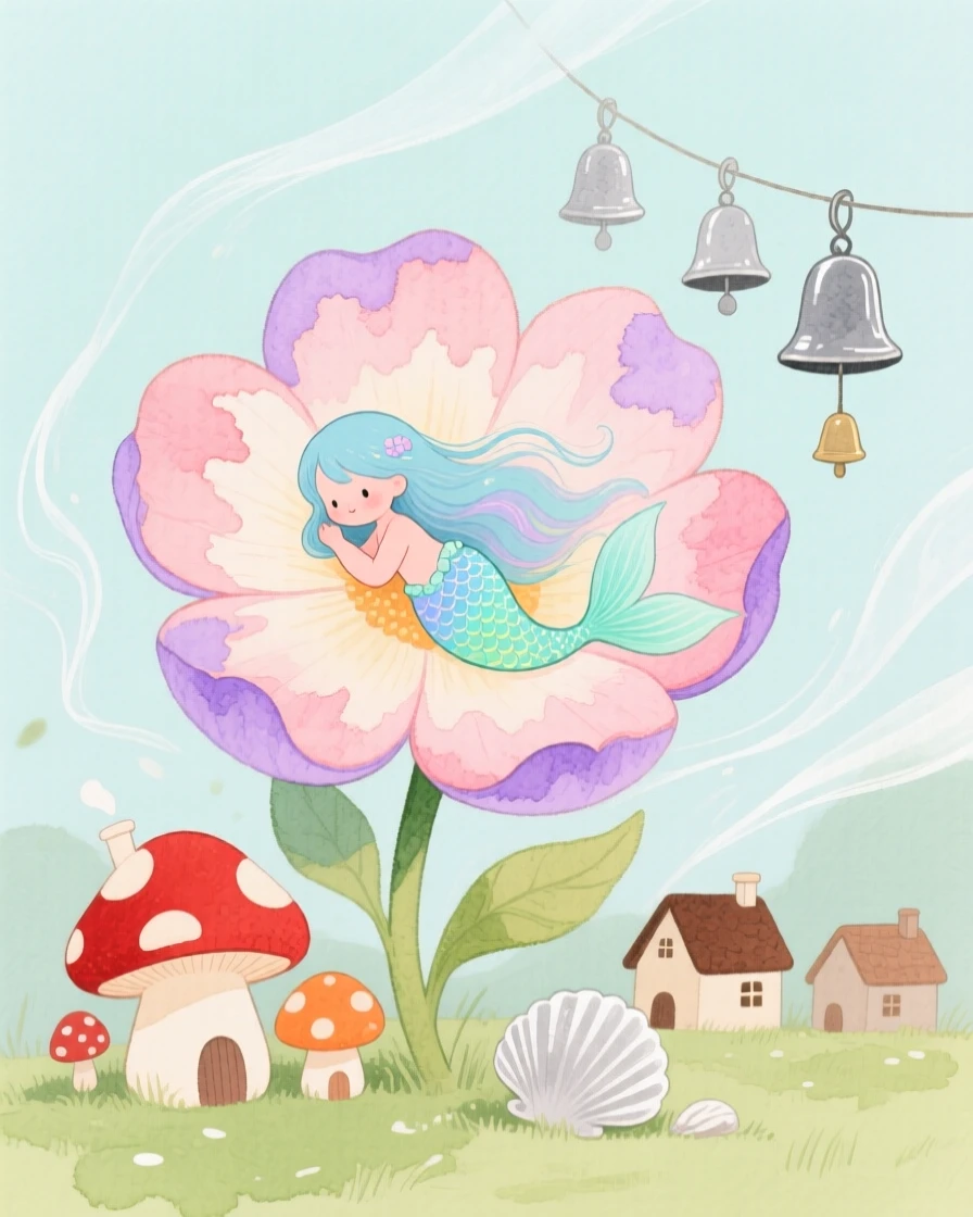 A tiny tiny mermaid hides inside a giant blooming flower in a village of tiny mushroom houses, as distant chimes ring softly in the wind