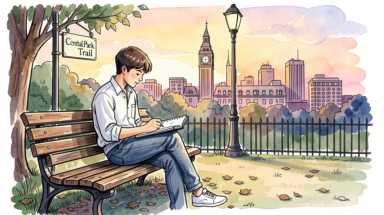 A young artist sketching the skyline from a park bench at sunset, the surrounding setting adding a sense of everyday charm.