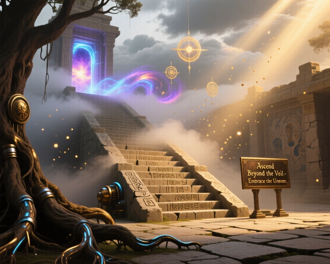 A temple staircase disappearing into thick, glowing fog stands silent under a sky heavy with soft grey clouds, while dust motes drift like tiny stars through beams of light.