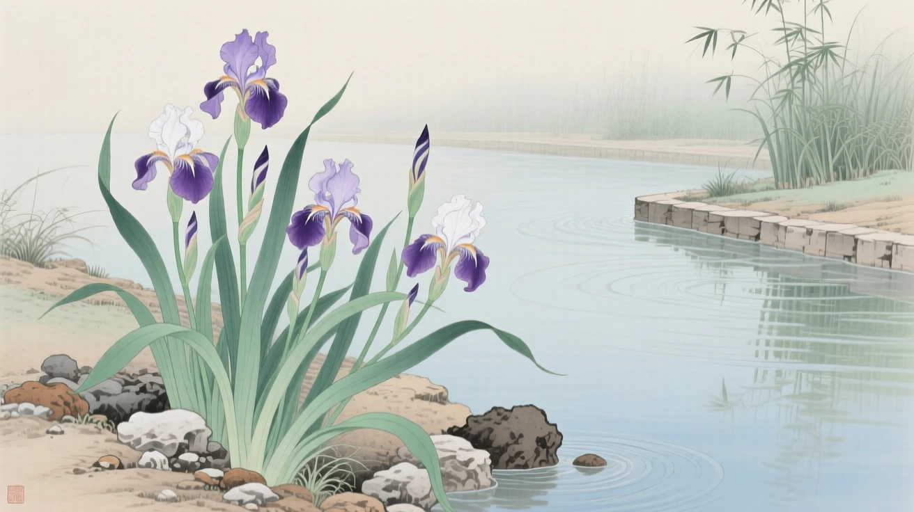 Irises growing along a riverbank beside a slow-moving canal