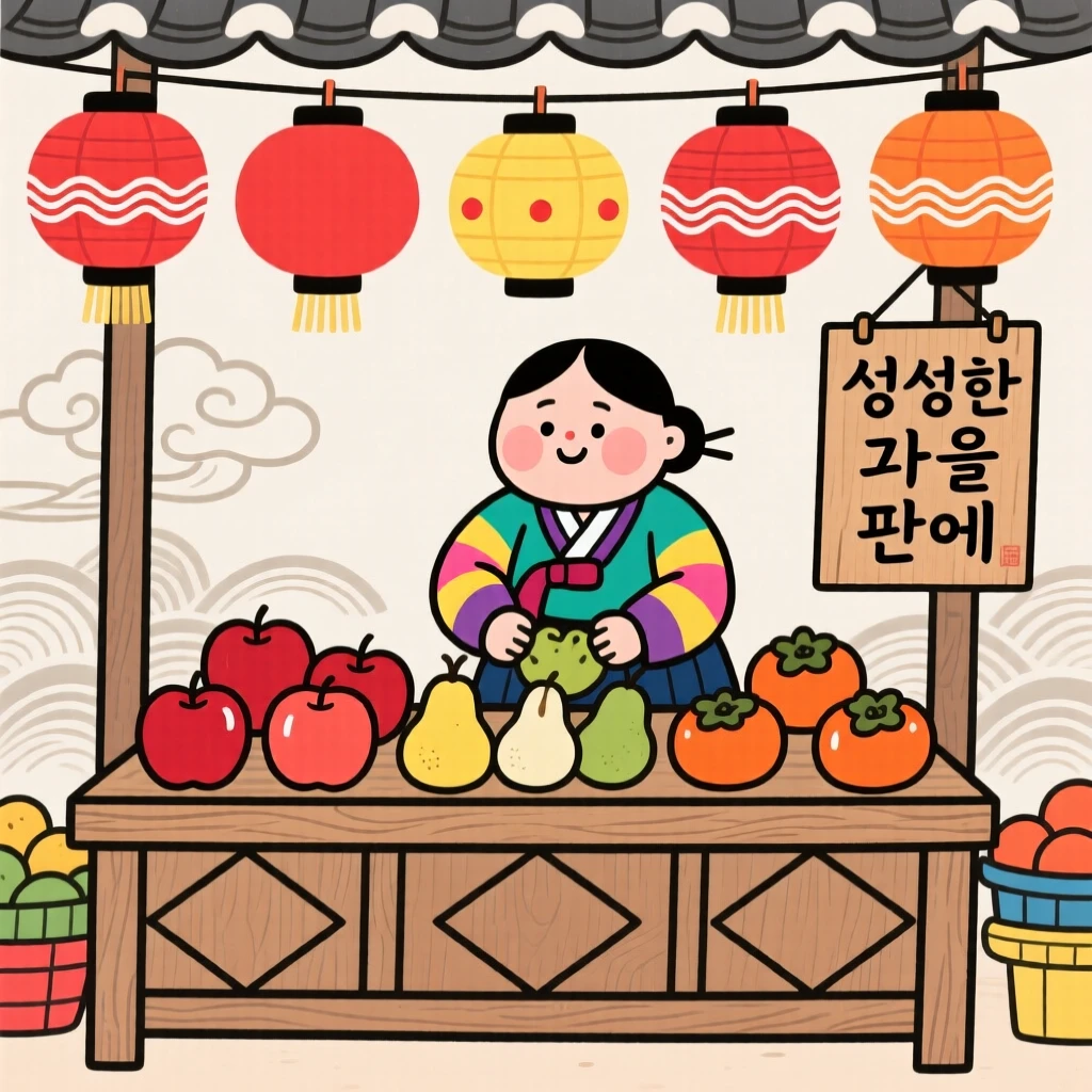 A market vendor arranging fresh fruit at a stall, under strings of paper lanterns.