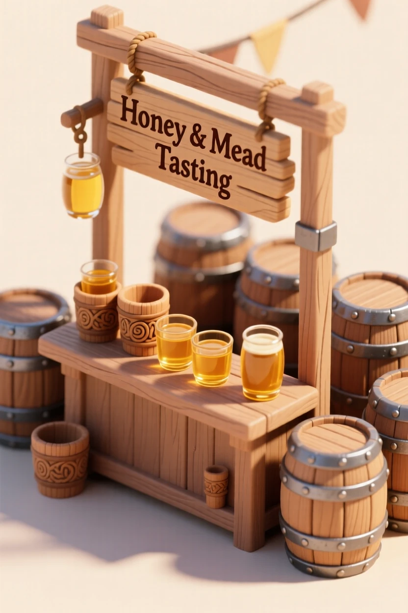 A rustic honey and mead tasting stand at a renaissance fair, wooden barrels stacked, and mead poured into carved wooden cups.