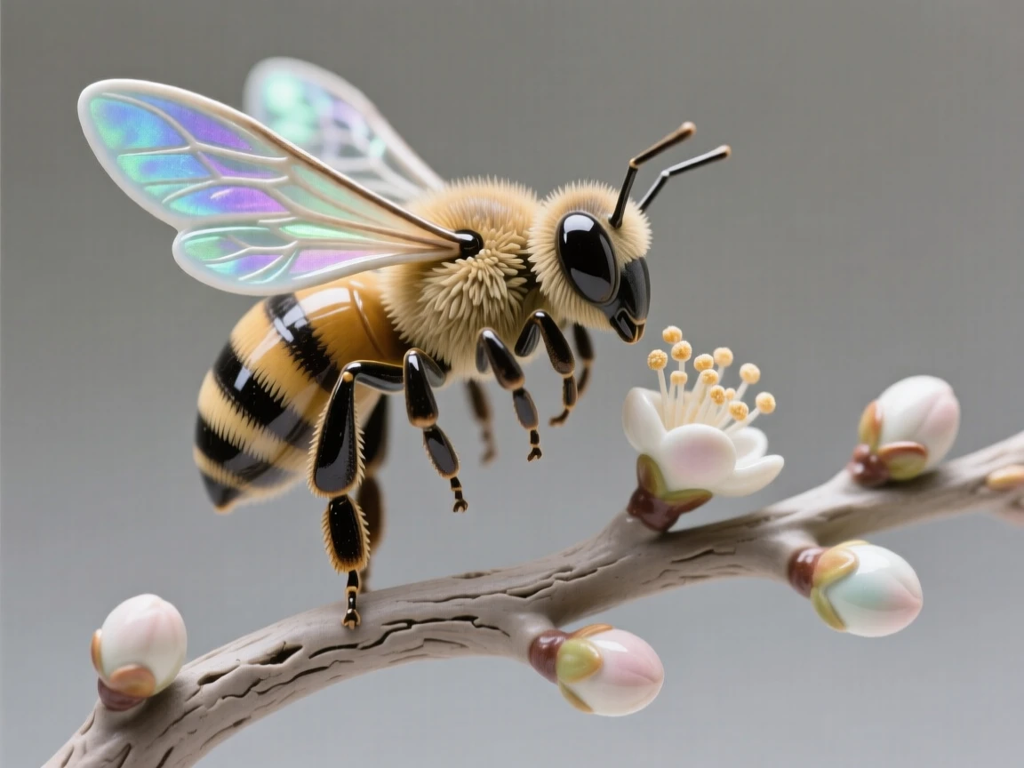 A bee gathering pollen mid-flight poised delicately on a slender branch, with iridescent feathers catching the light, radiating delicate, fleeting beauty.