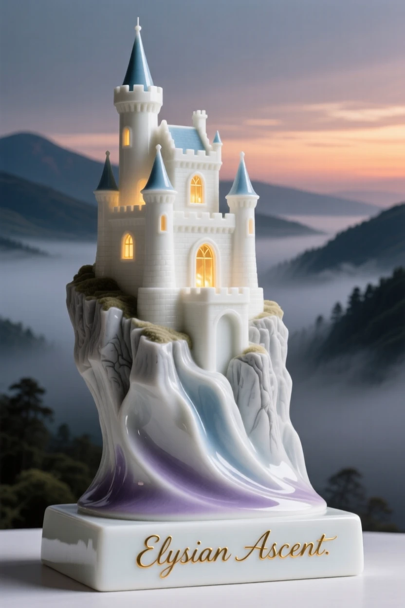 A cliffside castle rising above a misty valley, glowing warmly from within at dusk.