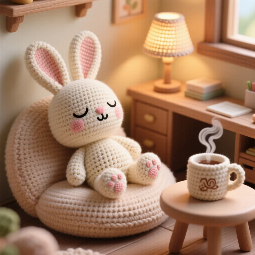 a content rabbit lounging on a cushion, with ears relaxed and eyes half-closed, basking in a warm patch of sun, in a small home office corner with a cozy lamp, with a steaming mug resting on a small table nearby, radiating tender, unspoken affection.