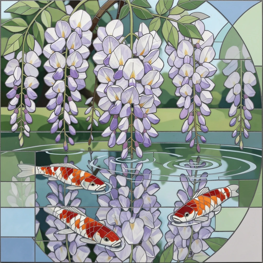 A close-up macro view of a Japanese wisteria garden reflected in a still koi pond, showing intricate petal texture and delicate detail.