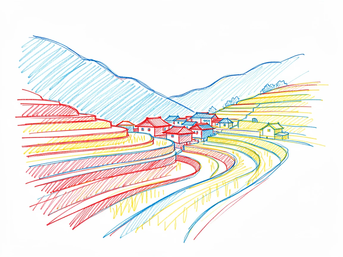 A traditional rice terrace village nestled into steep green hills