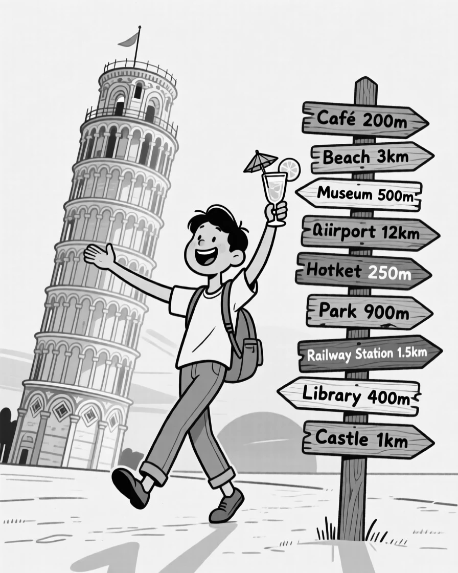 A tourist balancing precariously for a tilted-tower photo, raising a drink in a toast to the sunset, set beside a famously leaning historic tower. A weathered signpost lists a dozen mismatched directions. It's a joyful tribute to the thrill of travel and discovery.