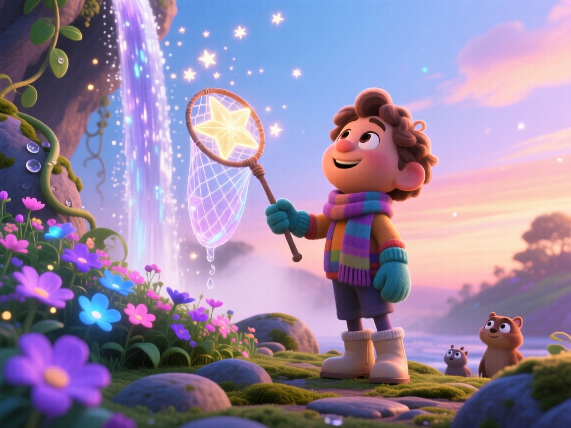 A star-catcher with a glowing net stands beside a waterfall that flows upward into the sky, tending to a garden of luminous flowers. A gentle sense of wonder radiates through the air, with tiny sparkles drifting through the air.