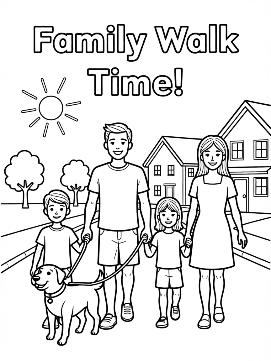 A family walking their dog together in the neighborhood