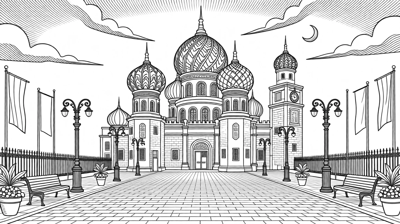 Domes of an old fortress rising above a historic square at twilight.