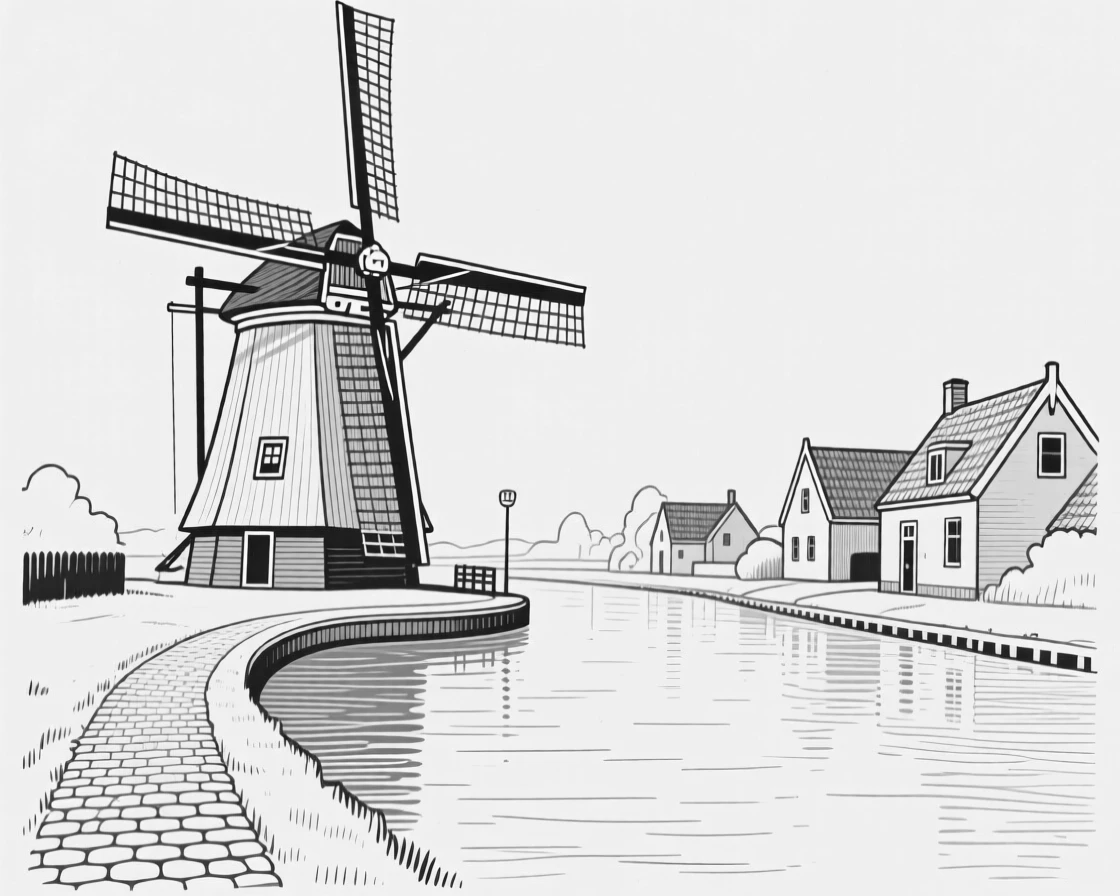 A windmill standing beside a canal in a Dutch village
