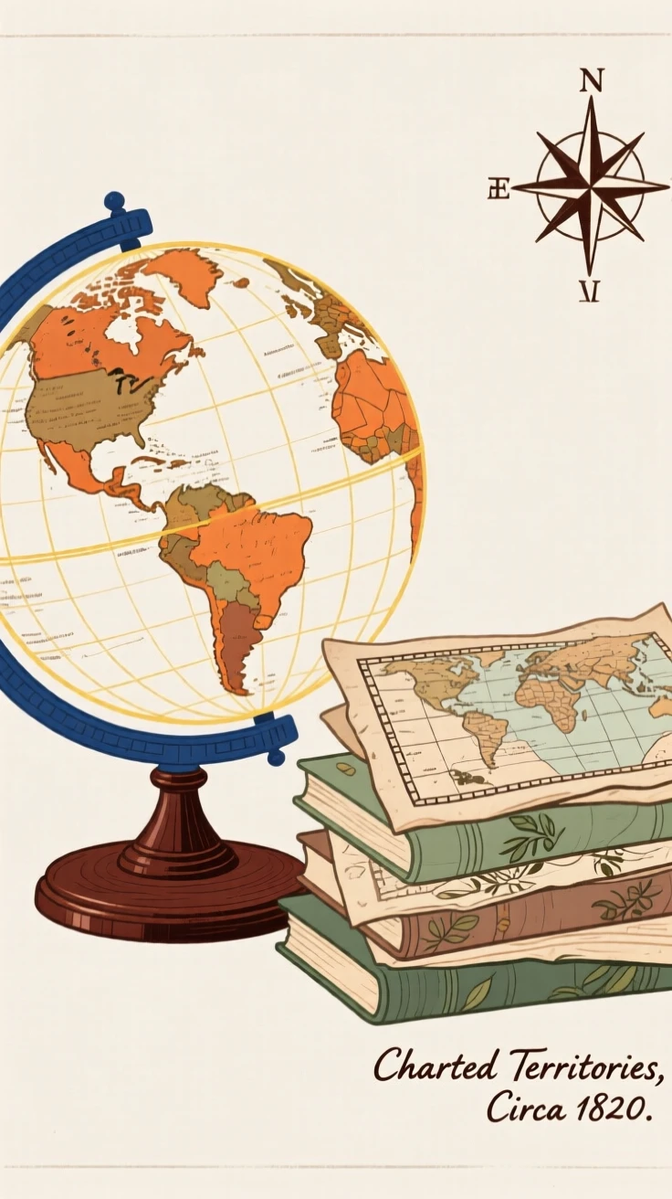 An antique globe beside a stack of old maps.