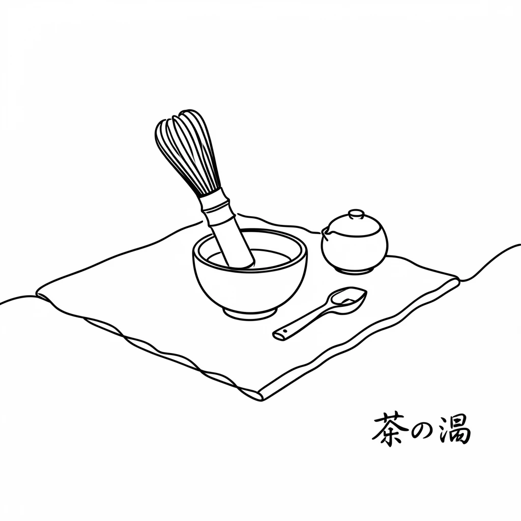 A traditional Japanese tea ceremony set arranged on a tatami mat